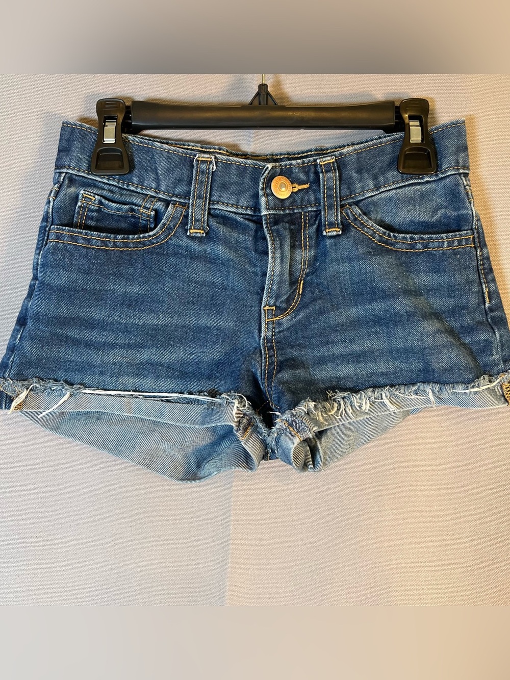 Old Navy Girls sz8 Blue Denim Frayed Hem Cuffed Jean Shorts Classic Adjustable